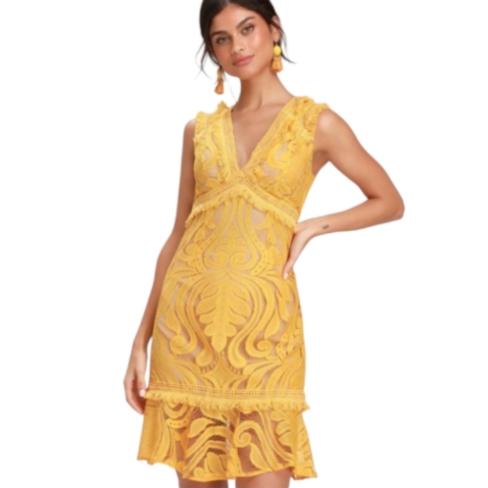 RYSE THE LABEL Michi Golden Yellow Lace Mini Dress Size‎ S Small